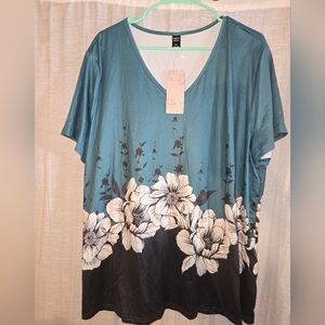 Womens Teal and Black Floral Short Sleeve Blouse NWT 3x